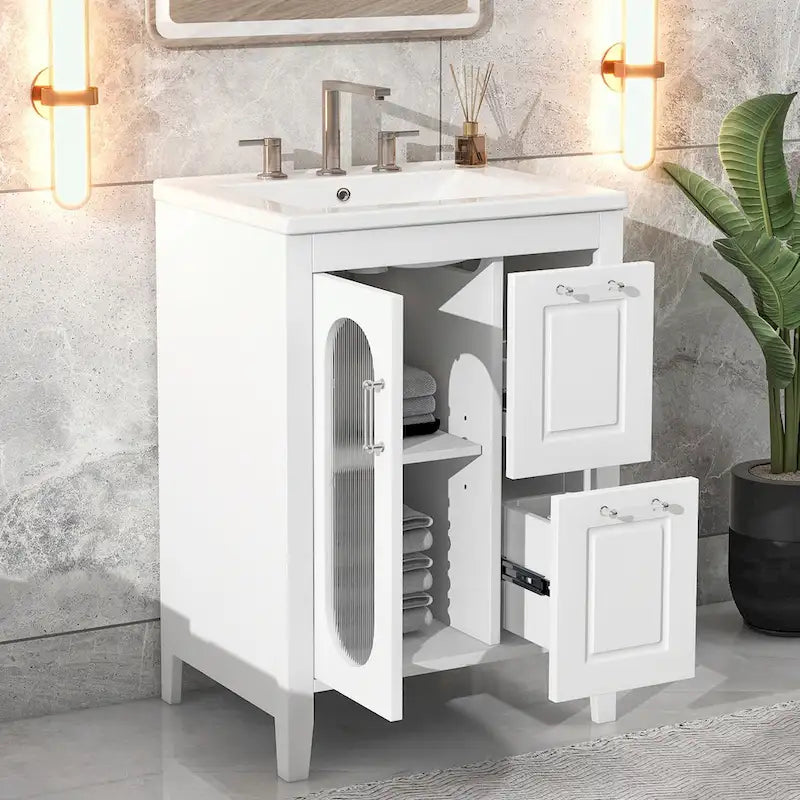 Meuble-lavabo de salle de bain avec deux tiroirs et porte