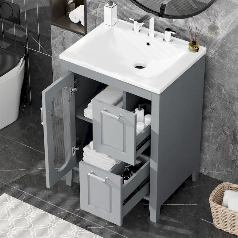 Meuble-lavabo de salle de bain avec deux tiroirs et porte