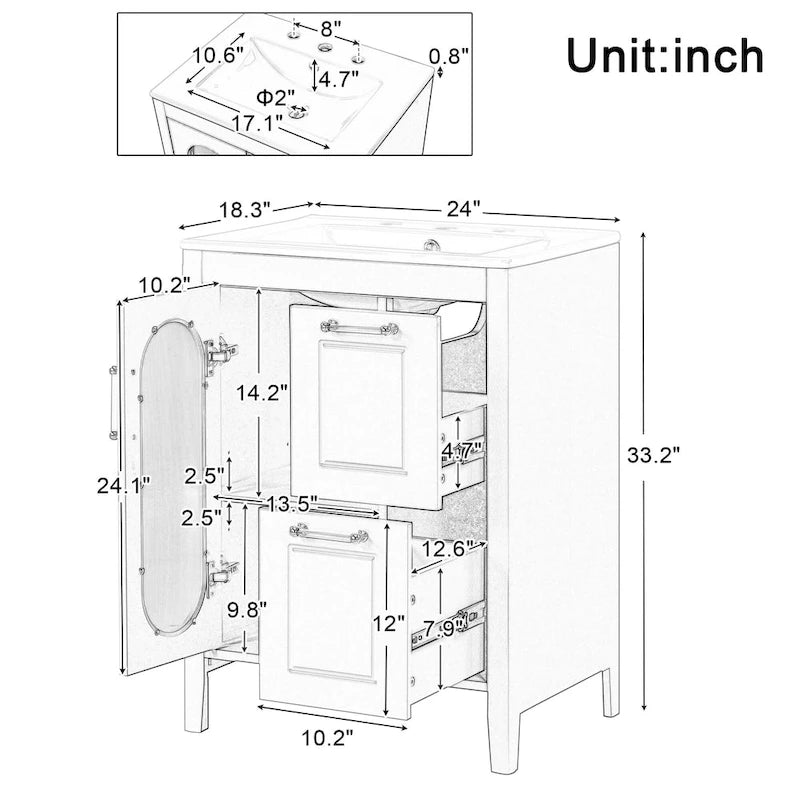 Meuble-lavabo de salle de bain avec deux tiroirs et porte