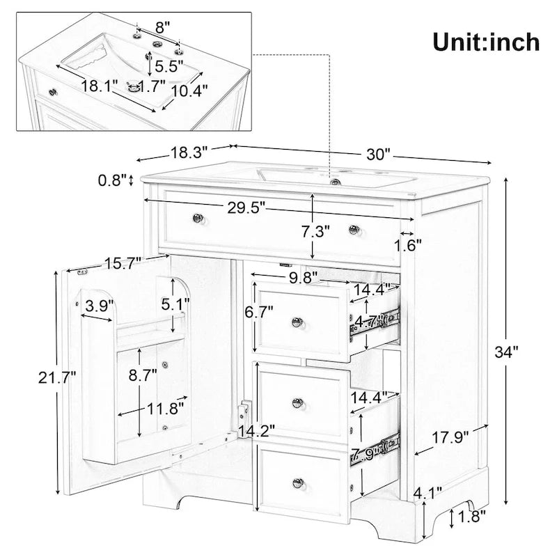 Meuble-lavabo avec évier intégré, porte et deux tiroirs