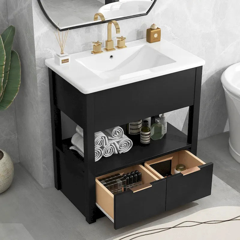 Meuble bas de salle de bain avec étagère ouverte et deux tiroirs