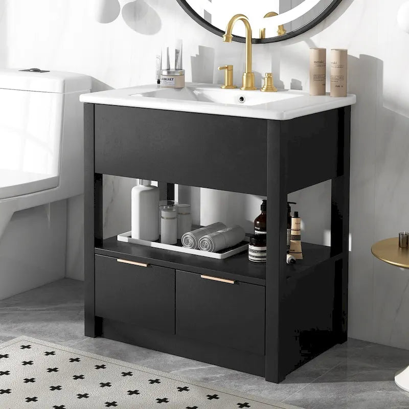 Meuble bas de salle de bain avec étagère ouverte et deux tiroirs