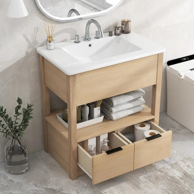 Meuble bas de salle de bain avec étagère ouverte et deux tiroirs
