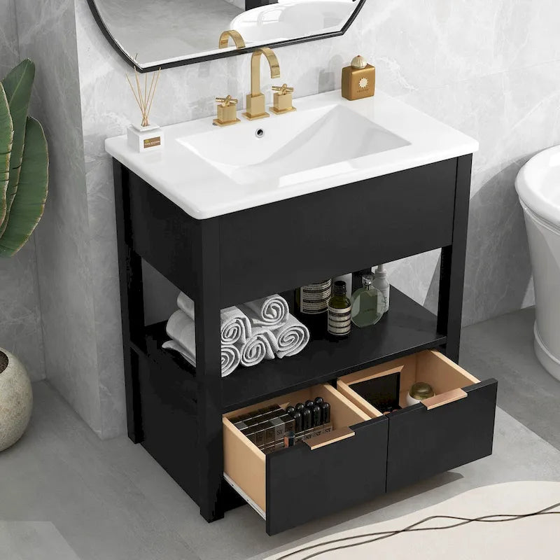 Meuble bas de salle de bain avec étagère ouverte et deux tiroirs