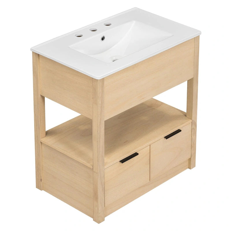 Meuble bas de salle de bain avec étagère ouverte et deux tiroirs