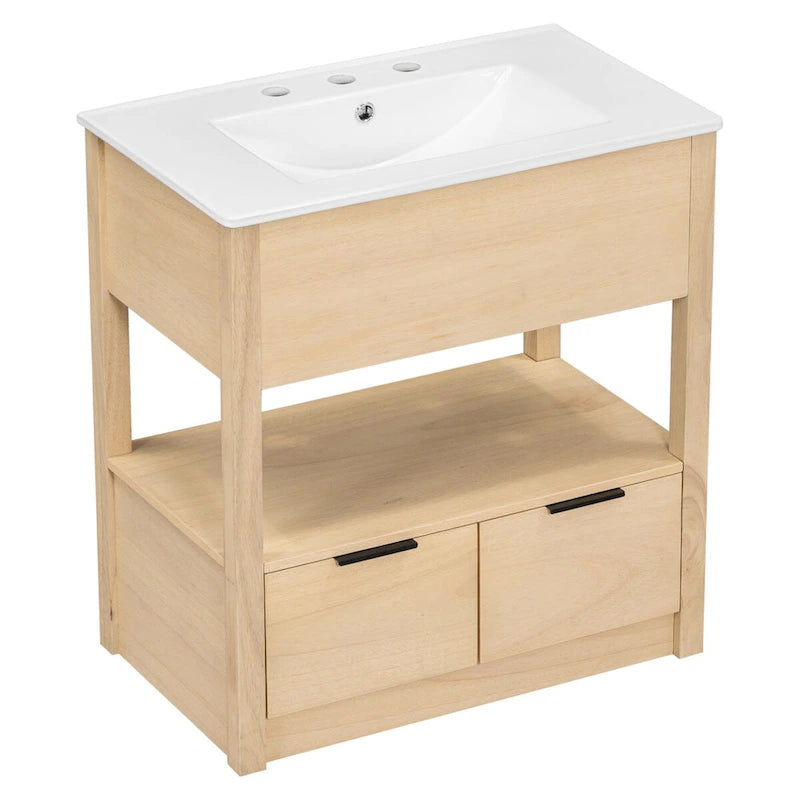 Meuble bas de salle de bain avec étagère ouverte et deux tiroirs