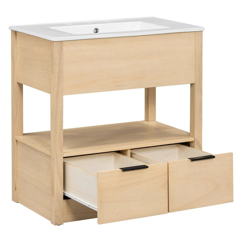 Meuble bas de salle de bain avec étagère ouverte et deux tiroirs