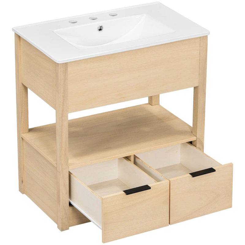 Meuble bas de salle de bain avec étagère ouverte et deux tiroirs
