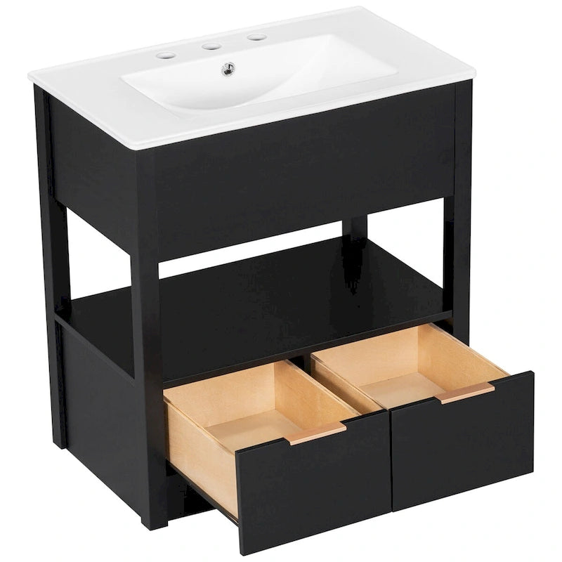 Meuble bas de salle de bain avec étagère ouverte et deux tiroirs