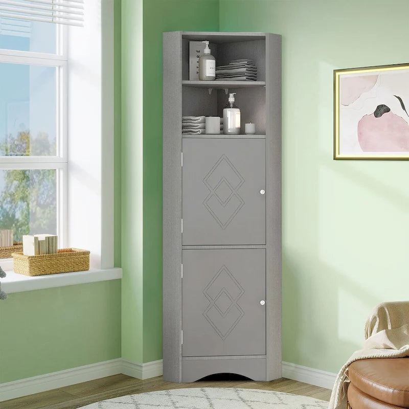 Meuble de rangement haut d'angle de salle de bain moderne en bois avec poignées métalliques