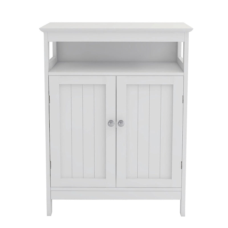Meuble de rangement de salle de bain blanc sur pied avec portes persiennes doubles