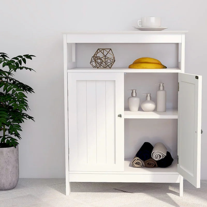 Meuble de rangement de salle de bain blanc sur pied avec portes persiennes doubles