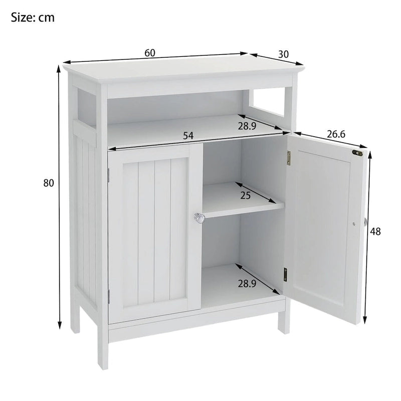 Meuble de rangement de salle de bain blanc sur pied avec portes persiennes doubles