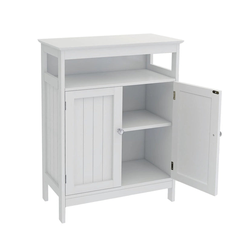 Meuble de rangement de salle de bain blanc sur pied avec portes persiennes doubles