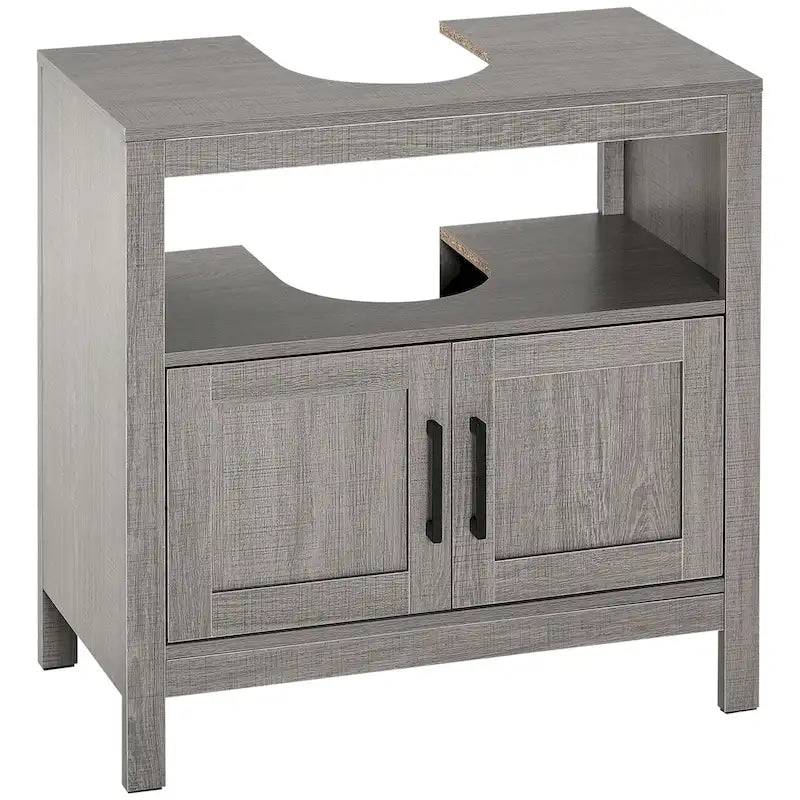Meuble de rangement sous lavabo sur pied, meuble de salle de bain sous lavabo avec 2 portes et étagère ouverte, meuble-lavabo, gris