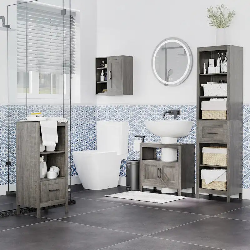 Meuble de rangement sous lavabo sur pied, meuble de salle de bain sous lavabo avec 2 portes et étagère ouverte, meuble-lavabo, gris