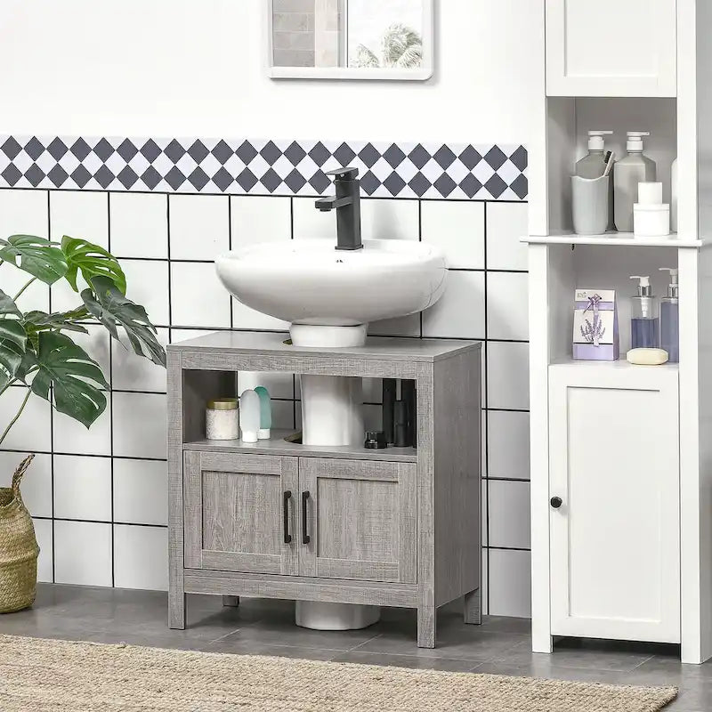 Meuble de rangement sous lavabo sur pied, meuble de salle de bain sous lavabo avec 2 portes et étagère ouverte, meuble-lavabo, gris