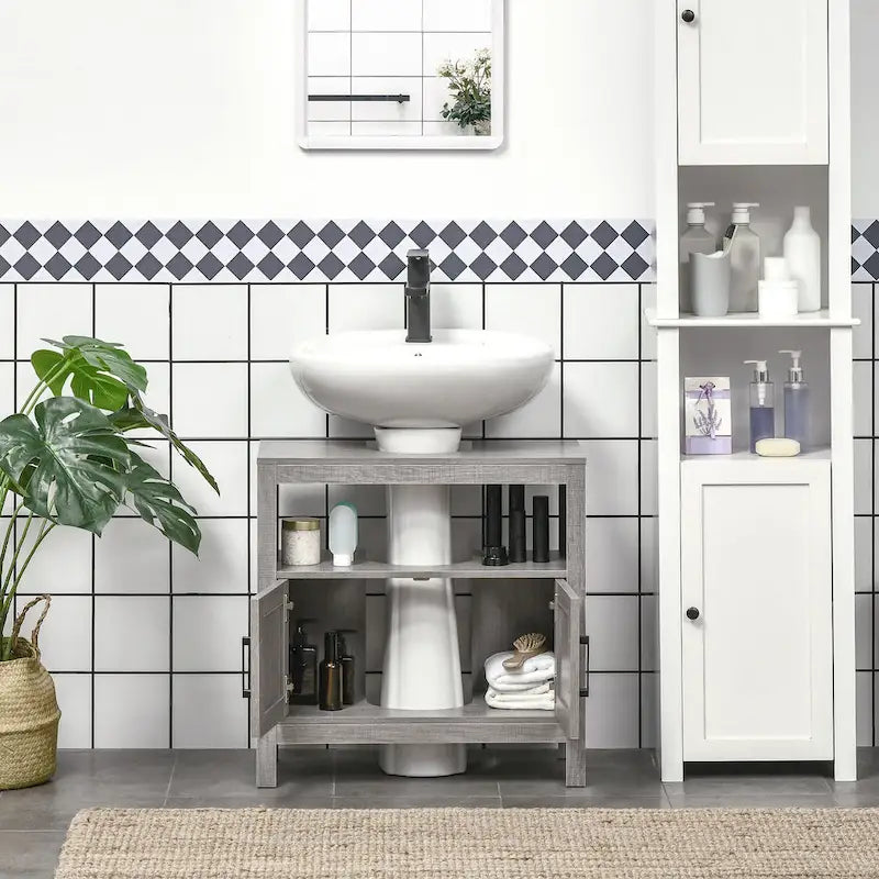 Meuble de rangement sous lavabo sur pied, meuble de salle de bain sous lavabo avec 2 portes et étagère ouverte, meuble-lavabo, gris