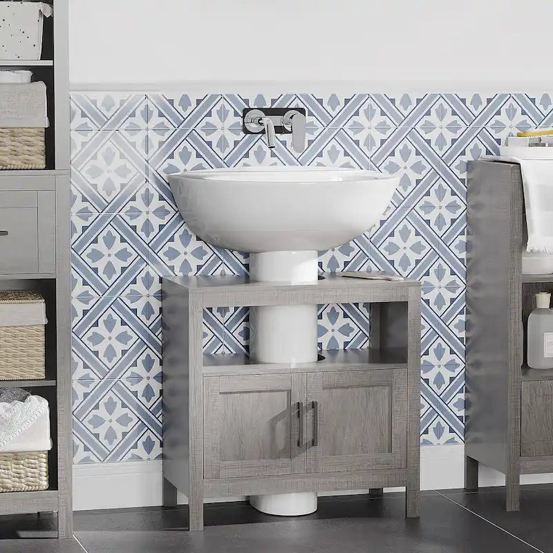 Meuble de rangement sous lavabo sur pied, meuble de salle de bain sous lavabo avec 2 portes et étagère ouverte, meuble-lavabo, gris