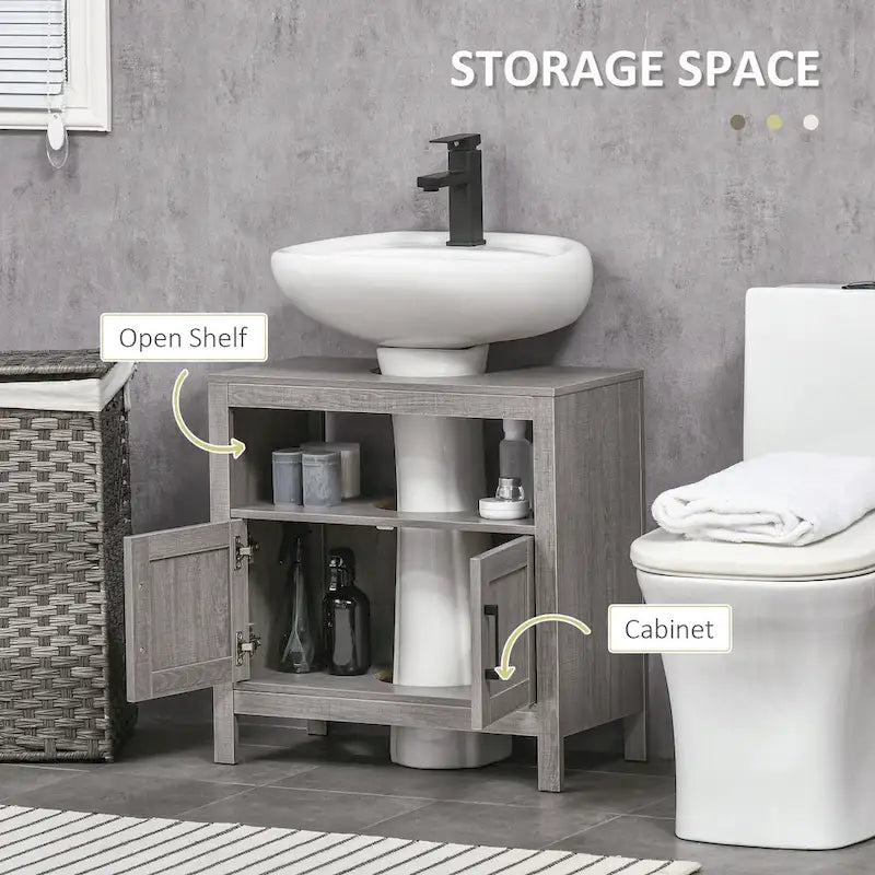 Meuble de rangement sous lavabo sur pied, meuble de salle de bain sous lavabo avec 2 portes et étagère ouverte, meuble-lavabo, gris