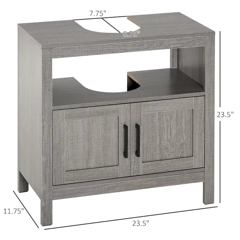 Meuble de rangement sous lavabo sur pied, meuble de salle de bain sous lavabo avec 2 portes et étagère ouverte, meuble-lavabo, gris