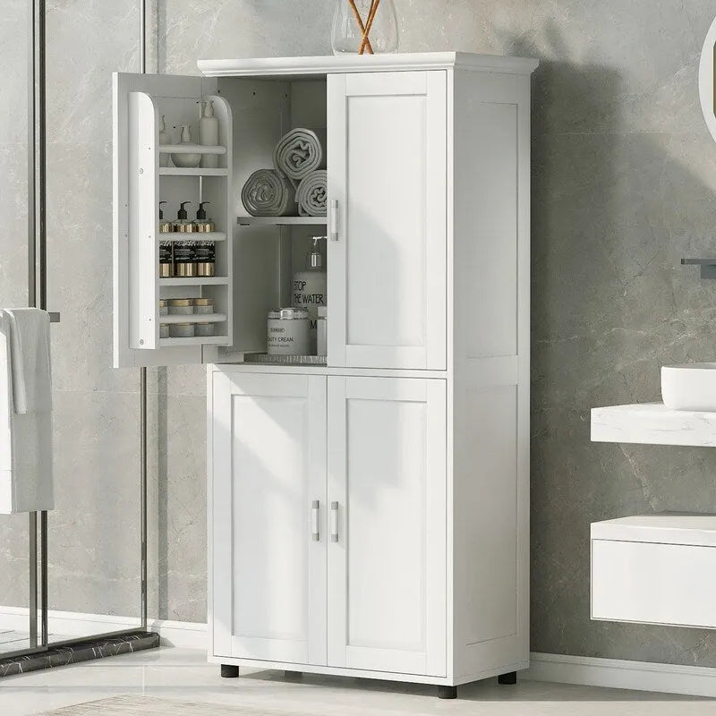 Meuble de rangement de salle de bain autoportant avec 4 portes et étagères réglables