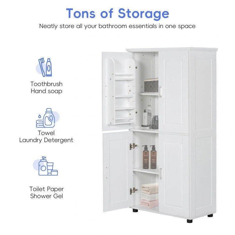 Meuble de rangement de salle de bain autoportant avec 4 portes et étagères réglables