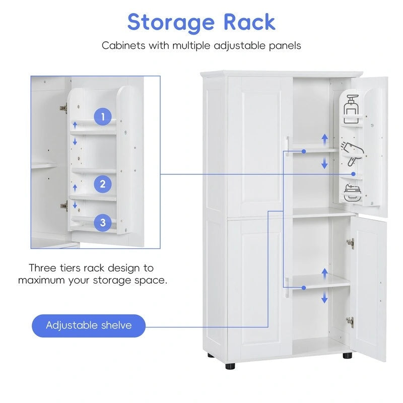 Meuble de rangement de salle de bain autoportant avec 4 portes et étagères réglables