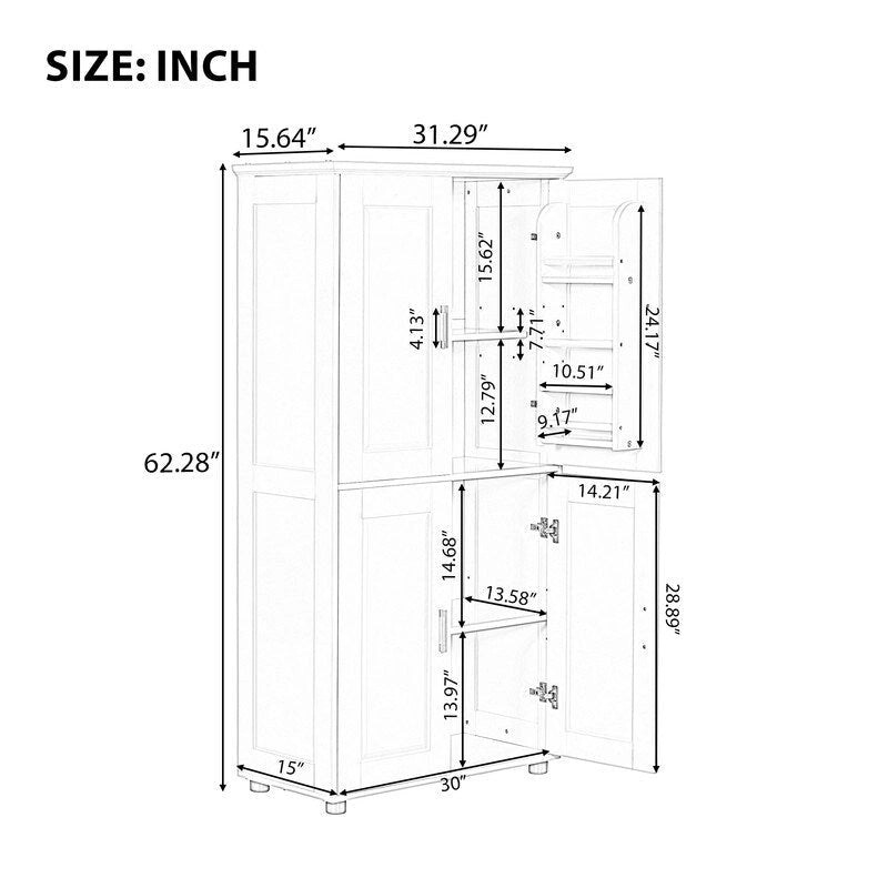 Meuble de rangement de salle de bain autoportant avec 4 portes et étagères réglables