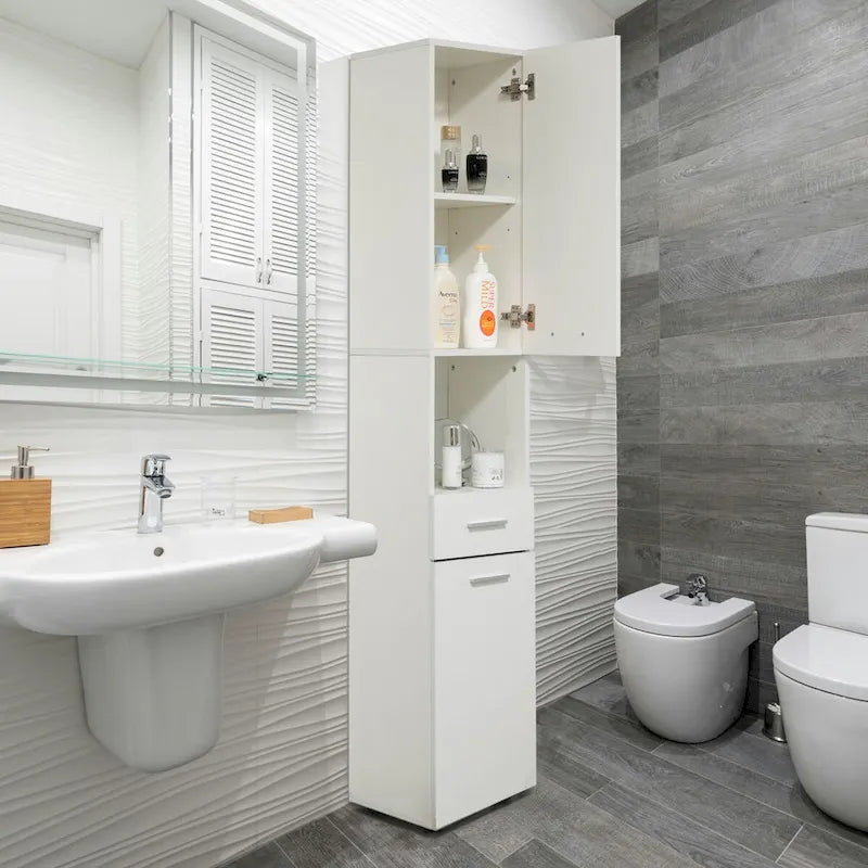 Meuble d'angle fin de 181,6 cm de haut avec 2 portes, 1 tiroir, armoire de toilette autoportante