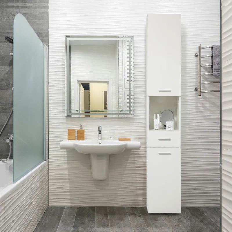 Meuble d'angle fin de 181,6 cm de haut avec 2 portes, 1 tiroir, armoire de toilette autoportante