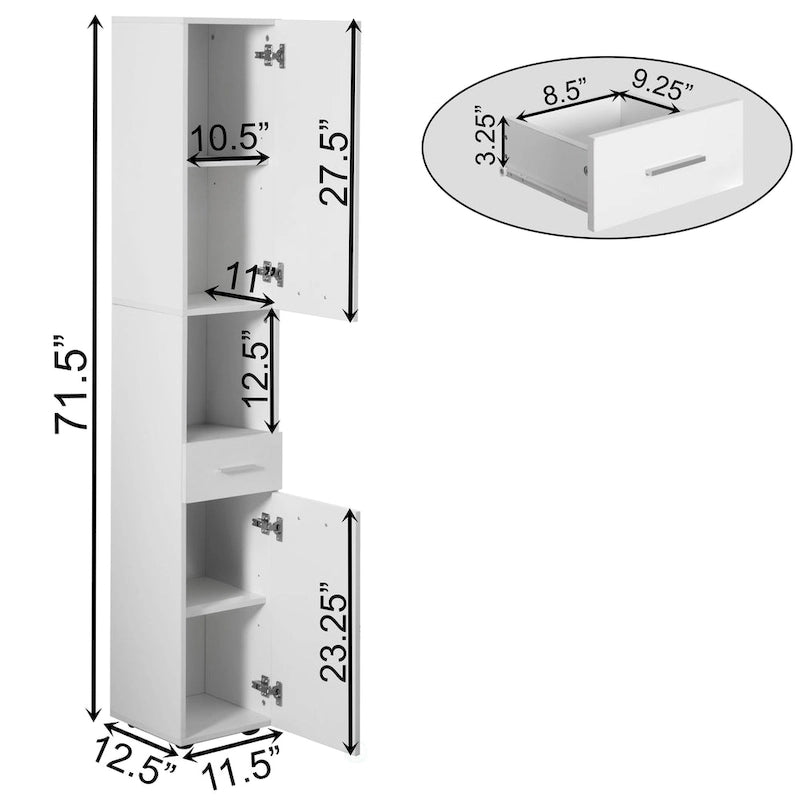 Meuble d'angle fin de 181,6 cm de haut avec 2 portes, 1 tiroir, armoire de toilette autoportante