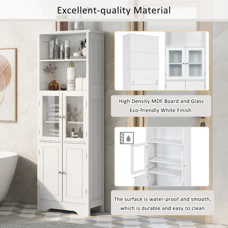 Meuble de rangement haut blanc avec étagères et portes pour salle de bain, cuisine et salon, en panneaux MDF