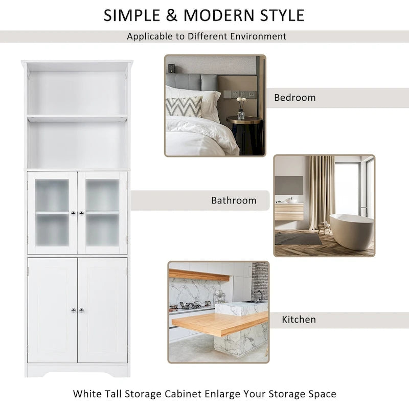 Meuble de rangement haut blanc avec étagères et portes pour salle de bain, cuisine et salon, en panneaux MDF