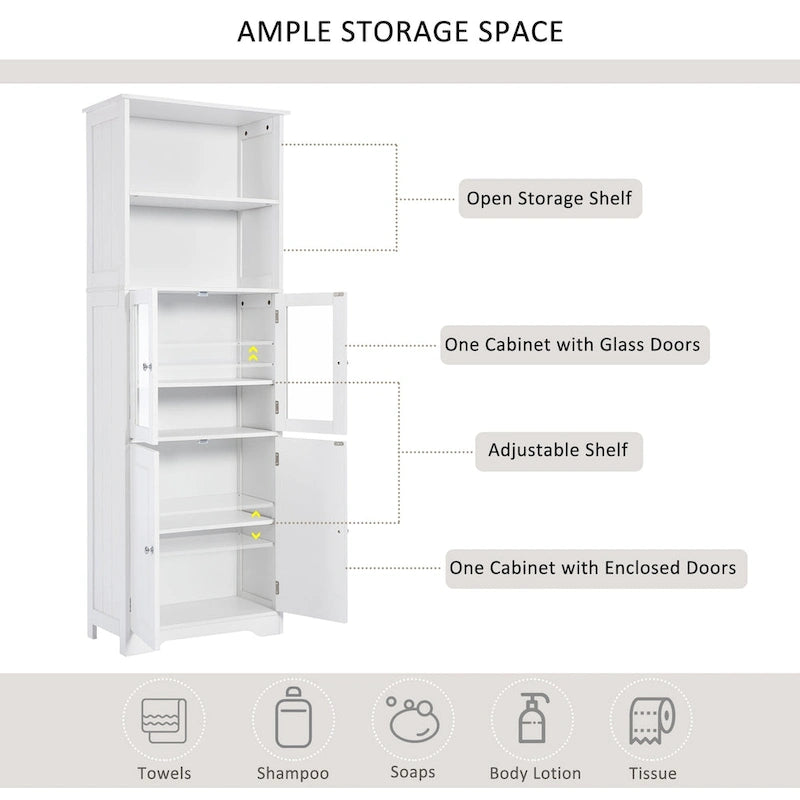 Meuble de rangement haut blanc avec étagères et portes pour salle de bain, cuisine et salon, en panneaux MDF
