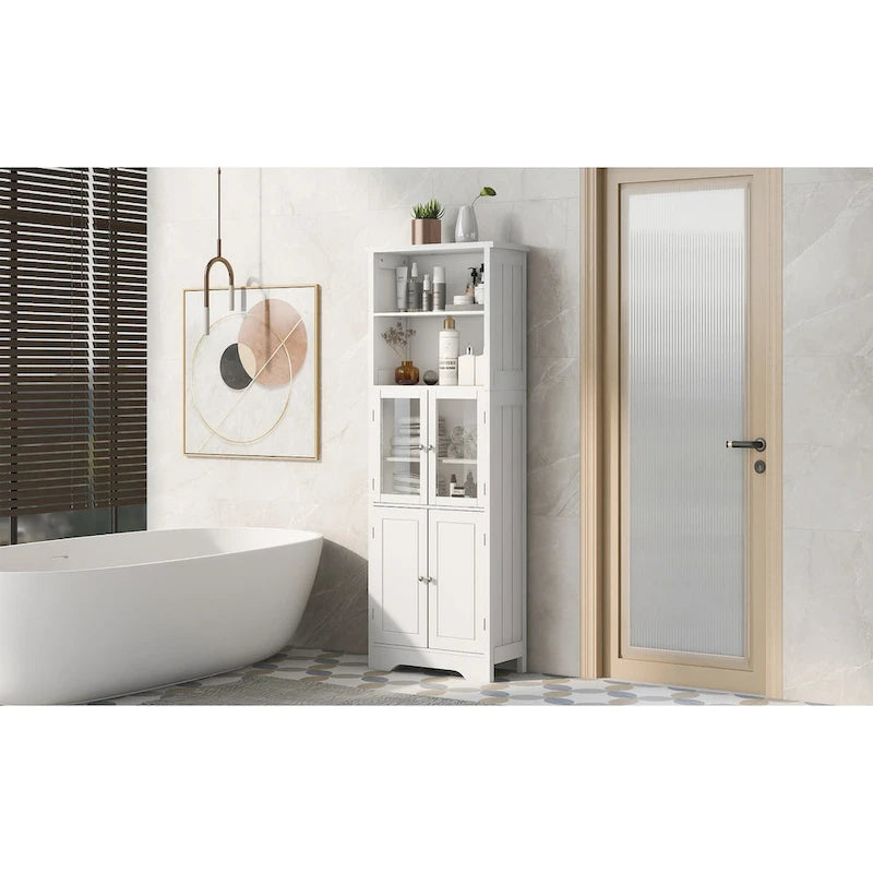 Meuble de rangement haut blanc avec étagères et portes pour salle de bain, cuisine et salon, en panneaux MDF