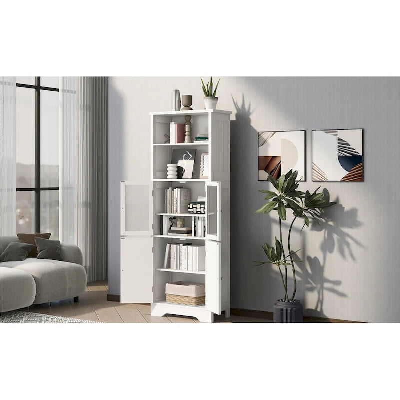 Meuble de rangement haut blanc avec étagères et portes pour salle de bain, cuisine et salon, en panneaux MDF