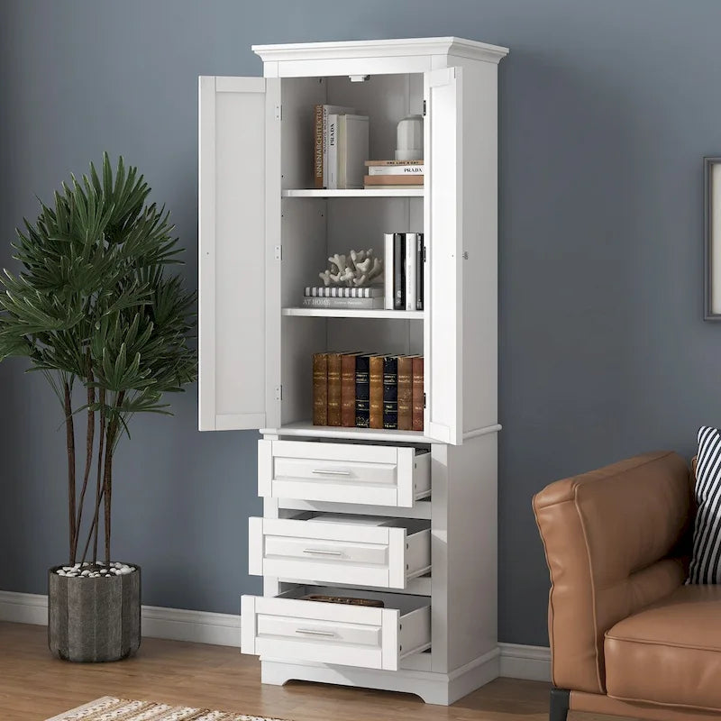 Meuble de rangement haut avec trois tiroirs pour salle de bain, Armoire haute blanche
