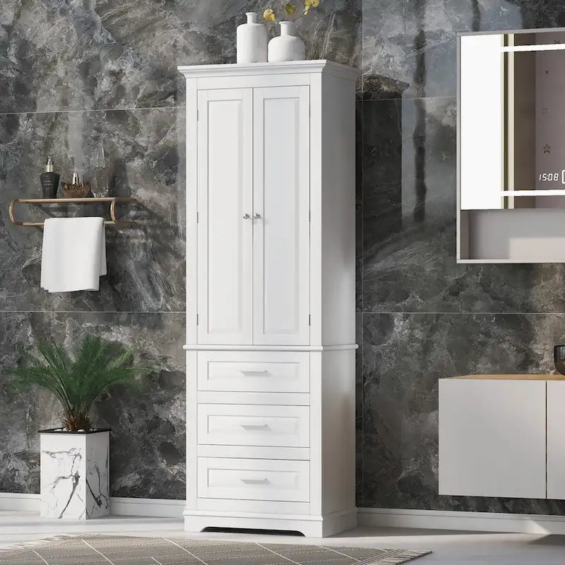 Meuble de rangement haut avec trois tiroirs pour salle de bain, Armoire haute blanche