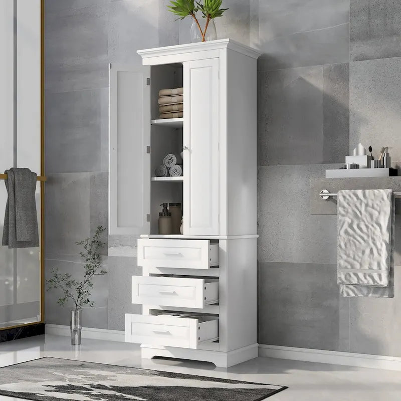 Meuble de rangement haut avec trois tiroirs pour salle de bain, Armoire haute blanche