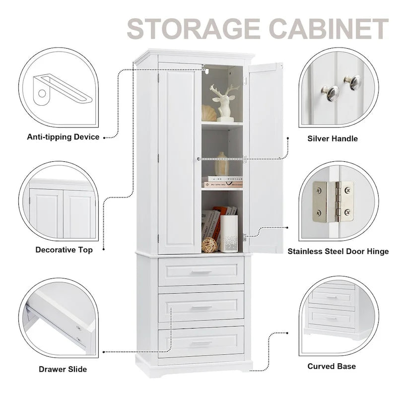 Meuble de rangement haut avec trois tiroirs pour salle de bain, Armoire haute blanche
