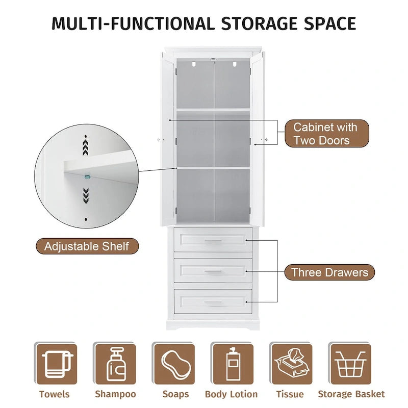 Meuble de rangement haut avec trois tiroirs pour salle de bain, Armoire haute blanche