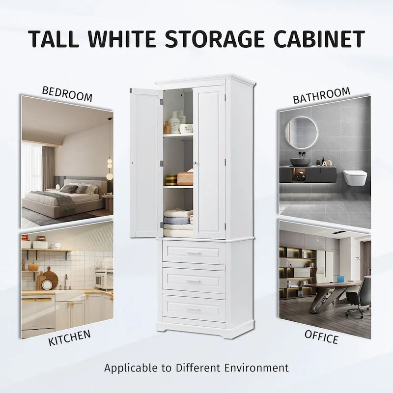 Meuble de rangement haut avec trois tiroirs pour salle de bain, Armoire haute blanche