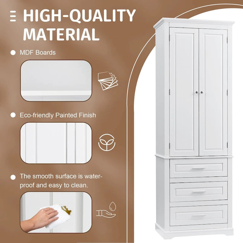 Meuble de rangement haut avec trois tiroirs pour salle de bain, Armoire haute blanche