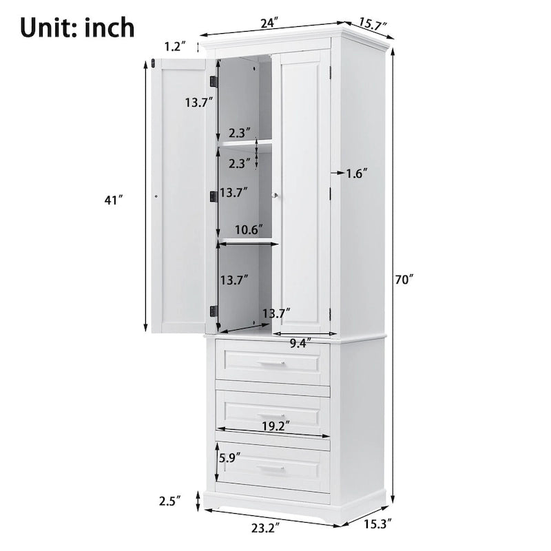 Meuble de rangement haut avec trois tiroirs pour salle de bain, Armoire haute blanche