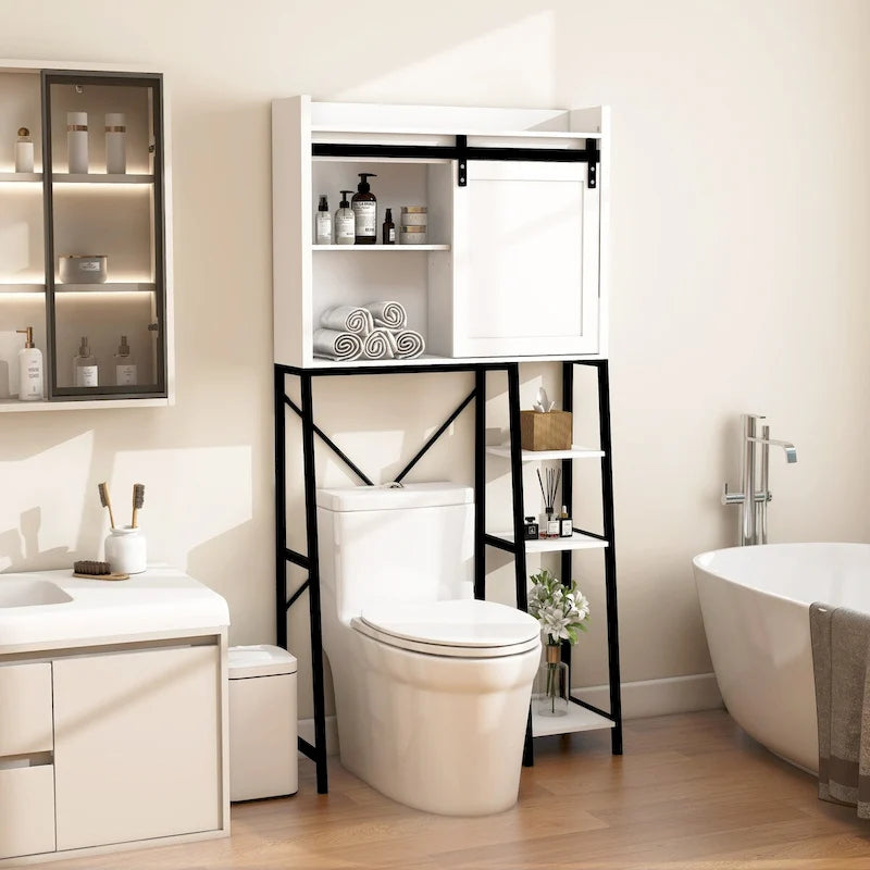 Meuble de Rangement de Salle de Bain Au-dessus des Toilettes avec Porte Coulissante Style Grange et Étagères - S.O.