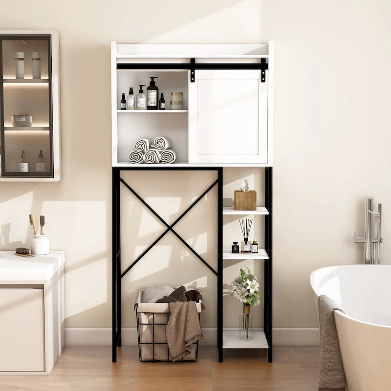 Meuble de Rangement de Salle de Bain Au-dessus des Toilettes avec Porte Coulissante Style Grange et Étagères - S.O.