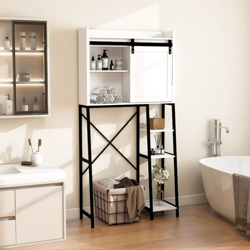 Meuble de Rangement de Salle de Bain Au-dessus des Toilettes avec Porte Coulissante Style Grange et Étagères - S.O.