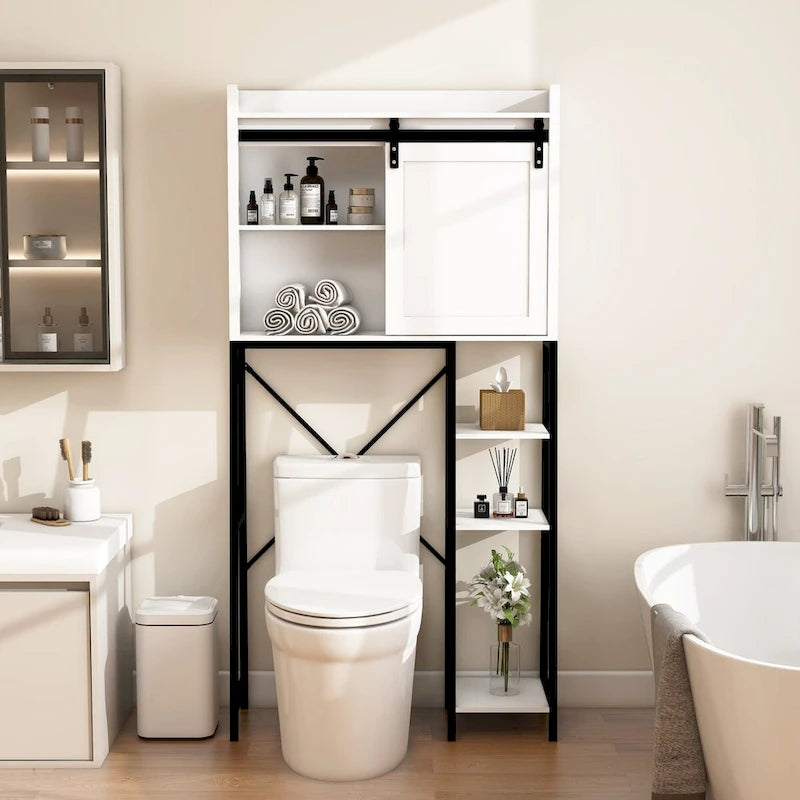 Meuble de Rangement de Salle de Bain Au-dessus des Toilettes avec Porte Coulissante Style Grange et Étagères - S.O.