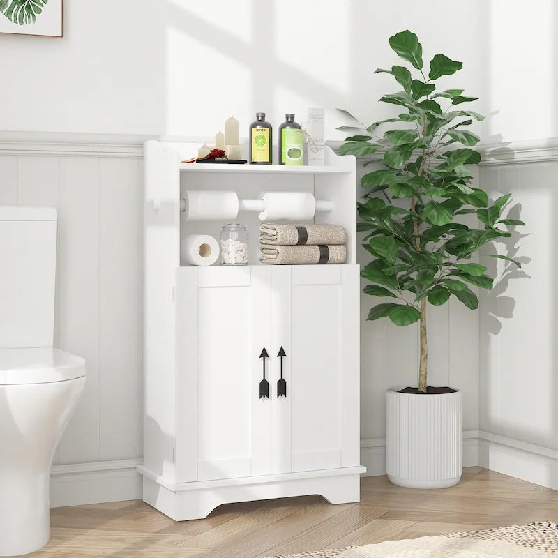 Javlego Meuble de Rangement Salle de Bain, Meuble Bas en Bois avec 2 Portes et Porte-Rouleau de Papier Toilette, Étagère Réglable